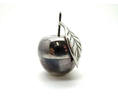 A Modern Novelty Trinket Pot, as an apple with stalk and leaf, indistinctly stamped "925".