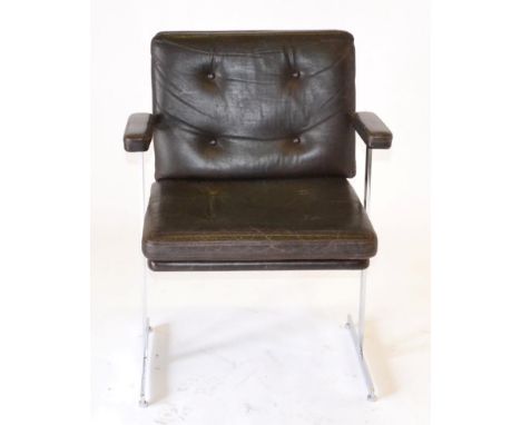 Hille: A 1970s Chrome Framed and Brown Leather Armchair, designed by Robin Day, with buttoned back support and squab cushion,