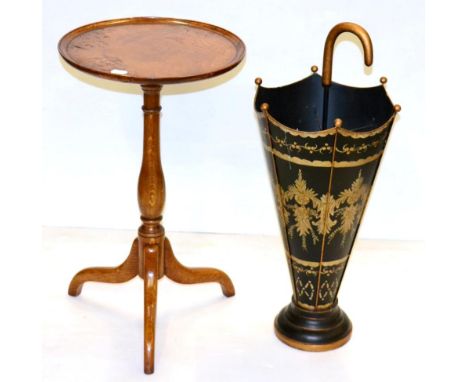 A Reproduction Burr Oak Dish Top Tripod Table, raised on a turned support, with three splayed legs, 38cm by 65cm; and A Tolew