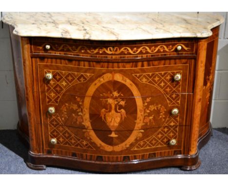 A 20th Century Walnut Kingwood and Crossbanded Four Drawer Commode, serpentine shaped form with marble top, 140cm wide  