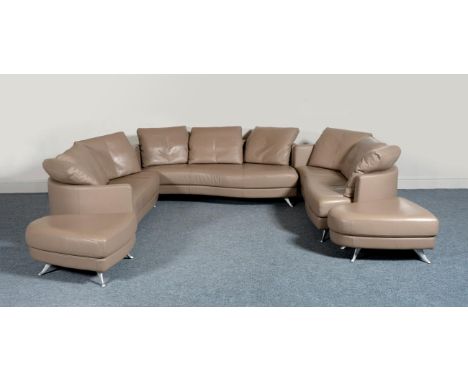 A Set of Three Modular Rolf Benz 250 Taupe Colour Nappa Leather Sofas, comprising a pair three-seater sofas of serpentine sha