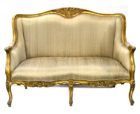 A Gilt Composition Two-Seater Sofa in the Louis XVI style upholstered in green watered silk, moulded frame with padded back s