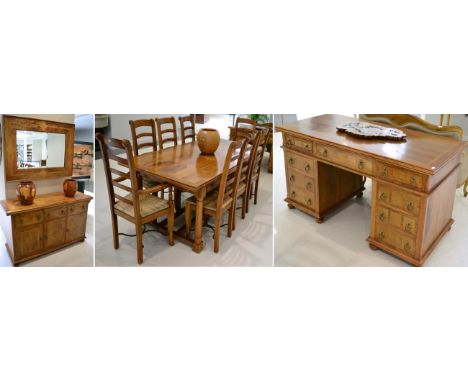 A Reproduction 'Flagstone Collection' Dining Suite retailed by Barker & Stonehouse, comprising: a refectory style dining tabl