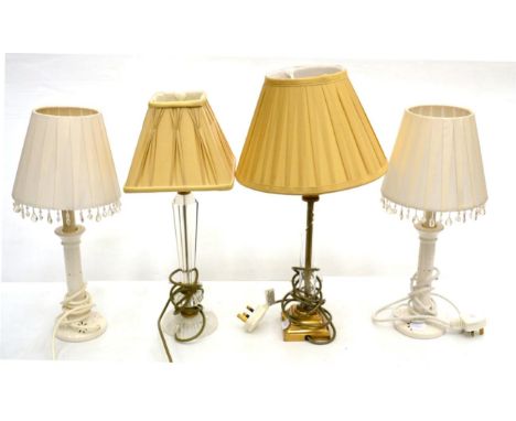 A Pair of Laura Ashley Ceramic Table Lamps of recent date, gathered shades crystal drops, height 48cm; A Cut Glass and Brass 