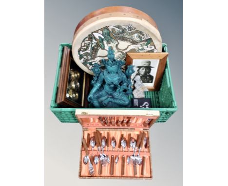 A box of bodran drum, cutlery canteen, framed picture, Eastern figure, quartz wall clock made from clock movement components 