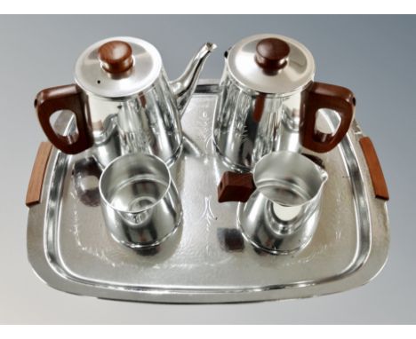 A Sona Art Deco style stainless steel four piece tea service on tray 