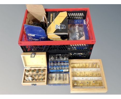 A crate of tools, router, power planer and quantity of bits in boxes etc 