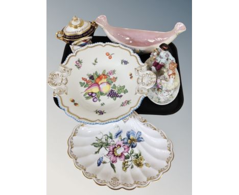 A Maling lustre Gondola dish, royal Worcester twin handled urn, scalloped edge dish, Meissen style figure group etc 