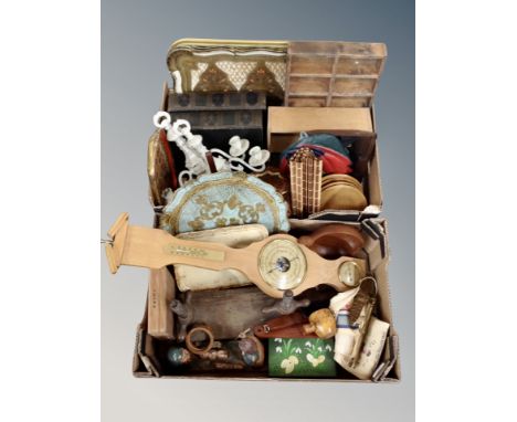 Two boxes containing serving trays, wooden shelves, barometer, book press, figures 