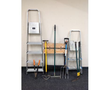 Two aluminium step ladders, folding work bench and quantity of tools 