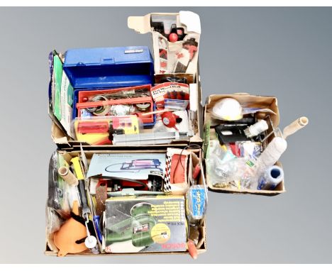 Three boxes of hand and power tools, building supplies etc 