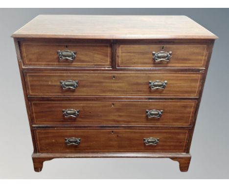 A 19th century mahogany and satinwood inlaid five drawer chest on bracket feet, width 109 cm 