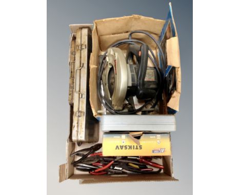 A box of power saw, Hex key set and other tools etc 