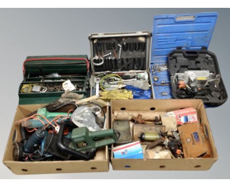 Two boxes and several tool cases containing assorted hand and power tools 