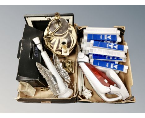 Two boxes of pottery lamp base, hand held vac, light bulbs, boxed digital photo display etc 