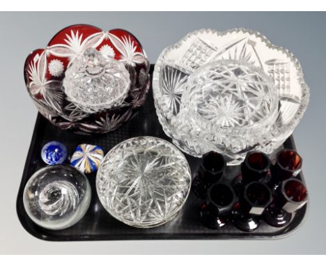 A two-tone clear and ruby glass fruit bowl together with further glass ware, paperweights, six octagonal glasses, trinket box