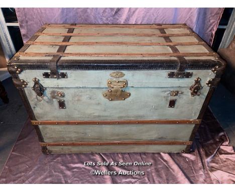 LARGE WOODEN TRAVEL TRUNK, MALLE EDISON J.K PARIS PLAQUE, 90 X 53 X 63CM 