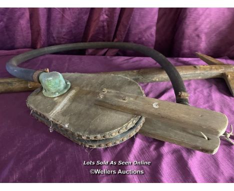 CIRCA 1900'S FIREMANS AXE, 93 X 28CM, AND A PAIR OF OLD BELLOWS 