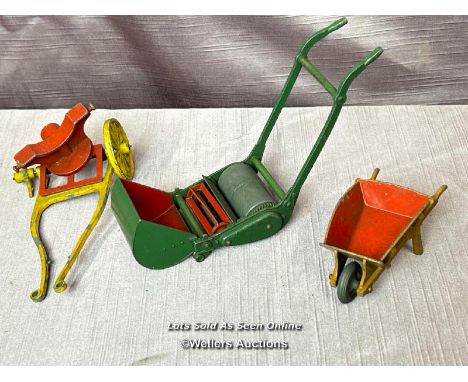 DINKY SUPERTOYS GARDEN PUSHALONG LAWN MOWER WITH ROLLER, TOGETHER WITH A DINKY DIE CAST WHEELBARROW AND A DINKY FIRE HOSE CAR