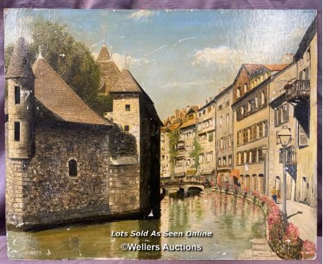 MID 20TH CENTURY OIL ON BOARD DEPICTING ANNECY OLD TOWN SIGNED BY R. BROTHERTON, 51 X 40.5CM 