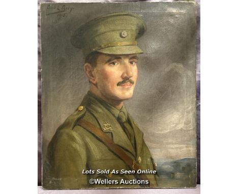 OIL ON CANVAS PORTRAIT OF A WORLD WAR ONE SOLDIER, L. CAREY (1915), INDISTICT DESCRIPTIONS ON BACK OF FRAME, 61 X 51CM 