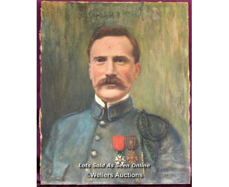 OIL ON CANVAS PORTRAIT OF A MILITARY OFFICER, SIGNED BY ISADORE JACOBS, 50 X 61.5CM 