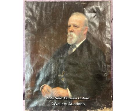 19TH CENTURY OIL ON CANVAS PORTRAIT OF A GENTLEMAN, UNSIGNED, 70 X 89CM (IN NEED OF RESTORATION) 