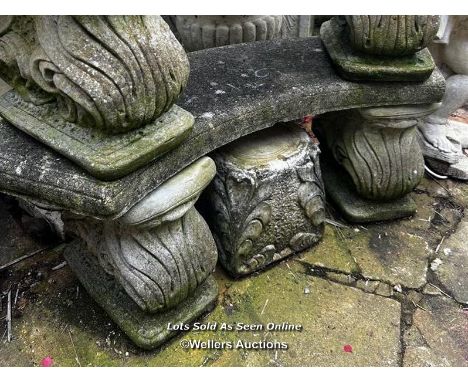 WELL WEATHERED COMPOSITION STONE CURVED BENCH, THIS LOT IS LOCATED AWAY FROM THE AUCTION SITE, TO VIEW THIS YOU WILL NEED TO 