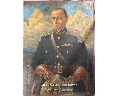 OIL ON CANVAS DEPICTING A PORTRAIT OF L. BUSTLELL-RAWLINGS, IN THE UNIFORM OF THE LEGION OF FRONTIERSMAN OF CANADA, INDISTINC