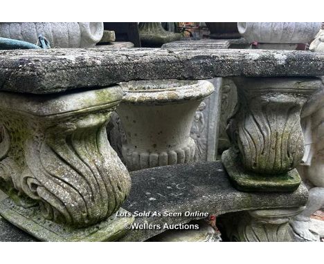 WELL WEATHERED COMPOSITION STONE CURVED BENCH, THIS LOT IS LOCATED AWAY FROM THE AUCTION SITE, TO VIEW THIS YOU WILL NEED TO 