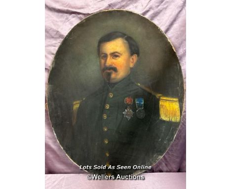 PASTEL PORTRAIT ON CANVAS OF A CONTINENTAL 19TH CENTURY FRENCH OFFICER, 73 X 60CM 