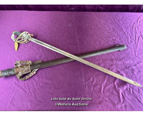 ANTIQUE INFANTRY OFFICERS SWORD WITH LEATHER SCABBARD, LENGTH 99CM 