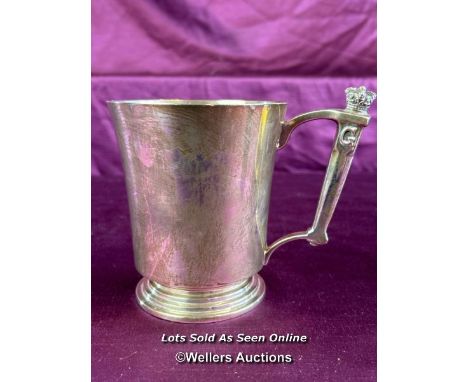 HALLMARKED SILVER TANKARD BY ASPREY OF LONDON, WITH CROWN HANDLE, INSCRIBED WHBL, HEIGHT 12CM, WEIGHT 365GMS 