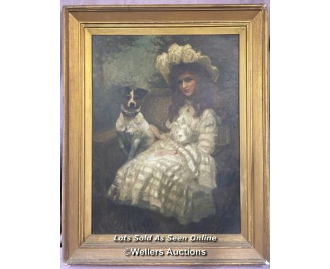 FRAMED OIL ON CANVAS PORTRAIT OF A GIRL AND HER DOG, 59 X 79CM 