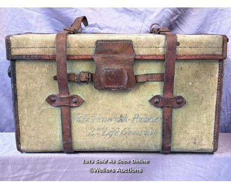 VINTAGE CANVAS MILITARY TRUNK WITH LEATHER MOUNTS AND STRAPS, PREVIOUSLY OWNED BY R G FENWICK-PALMER, 2ND LIFE GUARDS (FIRST 