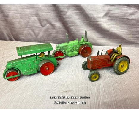 DINKY AVELING BARFORD STEAMROLLER, WITH ONE OTHER STEAMROLLER AND A DINKY MASSEY TRACTOR AND TRAILER 