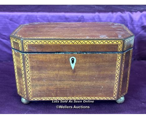 SMALL INLAID TEA CADDY, WITH KEY AND WORKING LOCK, ON BALL FEET, 23 X 13 X 14CM 