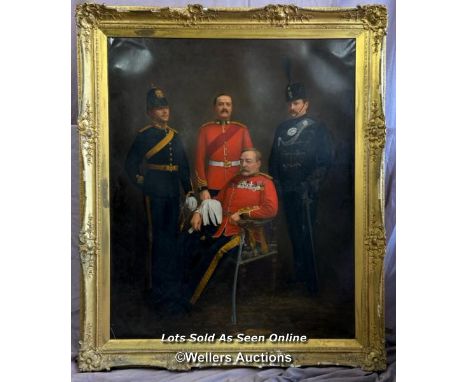 LARGE VICTORIAN OIL ON CANVAS PORTRAIT DEPICTING FOUR MILITARY OFFICERS (APPEARS TO BE FATHER AND THREE SONS), ONE ROYAL ARTI