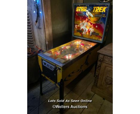 BALLY STAR TREK PINBALL MACHINE 1979, 77 X 136 X 177CM, WITH ALTERNATIVE SOUND CARD, POWERS AND LIGHTS UP BUT APPEARS TO BE I