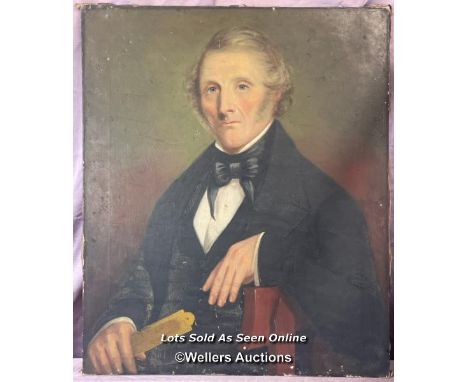 19TH CENTURY OIL ON CANVAS PORTRAIT OF A GENTLEMAN, UNSIGNED, 63.5 X 76.5CM 