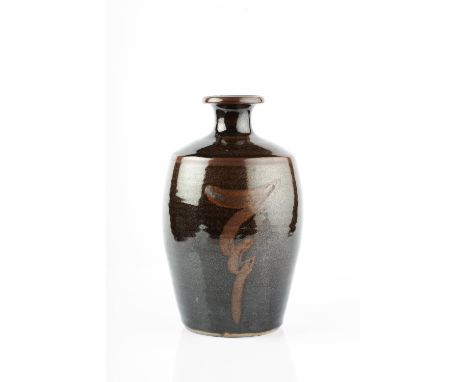 David Leach (1911-2005) Bottle vase tenmoku with zigzag motif  impressed potter's seal 27.5cm high.