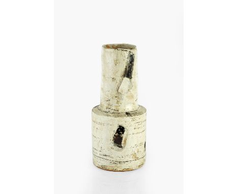 Robin Welch (1936-2019) Vessel mallet form, decorated with black and white slip on a cream glaze impressed potter's seal 27cm