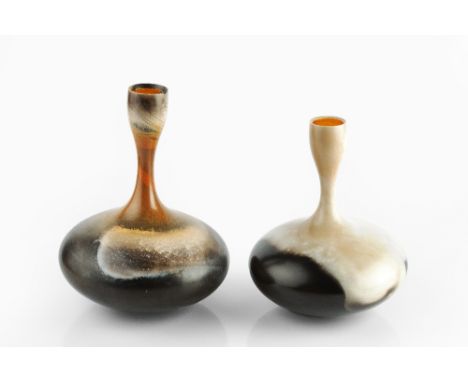 Duncan Ayscough (Contemporary) Two bottle vases burnished and smoke fired, the slender neck with gold leaf to interior impres