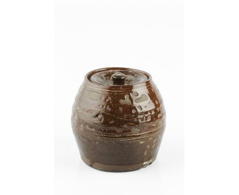Michael Cardew (1901-1983) at Winchcombe Pottery Lidded jar treacle glaze and yellow lines impressed potter's and pottery sea