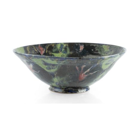 Janice Tchalenko (1942-2018) Large open bowl green, black and red glazes 36cm diameter.