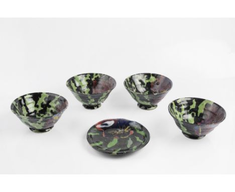 Janice Tchalenko (1942-2018) Four bowls and a plate red, green and black glazes bowls 17cm diameter (5).