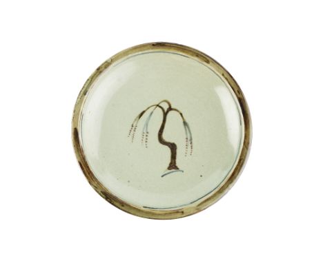 David Leach (1911-2005) Shallow bowl painted with tenmoku willow tree, over a light celadon ground impressed potter's seal 28