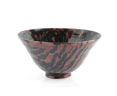 Janice Tchalenko (1942-2018) Large Tiger bowl striped red and black glazes 36cm diameter.