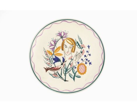 Olive Bourne for Poole Pottery  Sugar for the Birds plate, circa 1950 printed Poole marks and painted 'X/CM'  25.3cm diameter