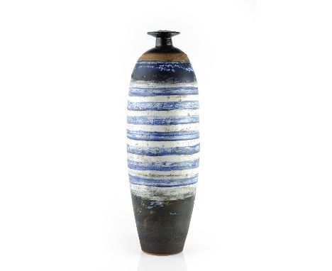 Robin Welch (1936-2019) The Cornish vase decorated with blue and white stripes impressed potter's seal 62cm high.